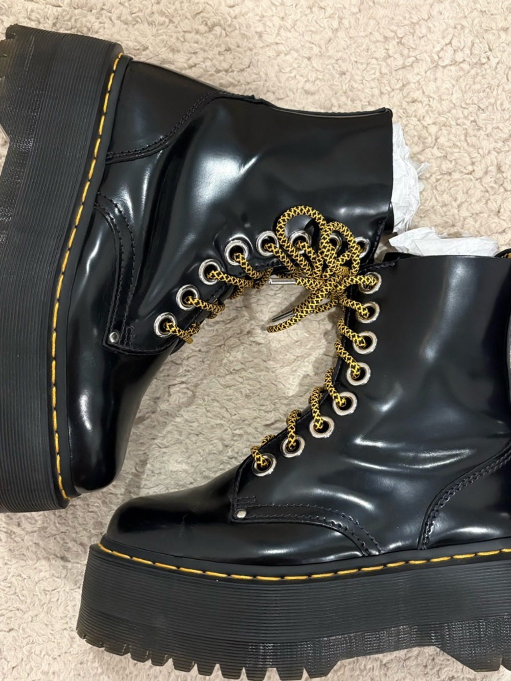 Dr. Martens Black High-Shine Platform Lace-Up Boots with Yellow Stitching